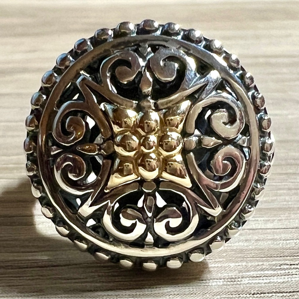 Designer Signed AE Sterling Silver & 14K Gold Open Work Ring, Size 7, 8.1g - Picture 2 of 10